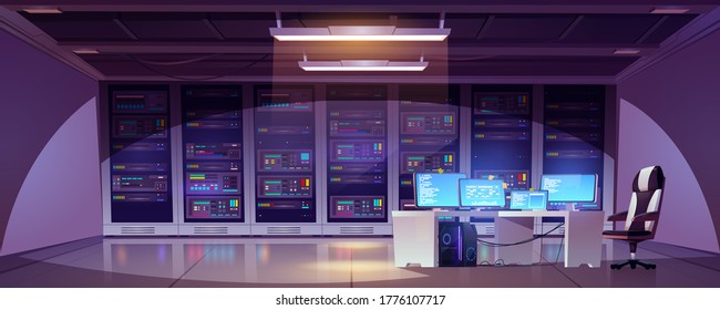 Data center room with server racks, computer monitors on desk and chair. Vector cartoon interior of information storage office with control panel, hardware for network and hosting service
