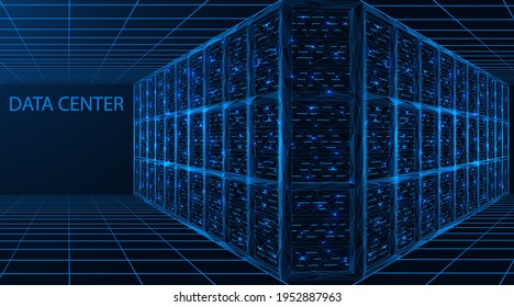 Data Center. A Room With Servers For Digital Processing And Storage Of Information. Polygonal Construction Of Connected Lines And Points. Blue Background.