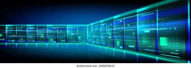 Túnel de la sala del centro de datos con brillo de luz azul neón y verde. Ilustración vectorial realista en 3D del clúster abstracto de servidores de computadoras para información digital y almacenamiento de bases de datos. Anuncio del ciberespacio.