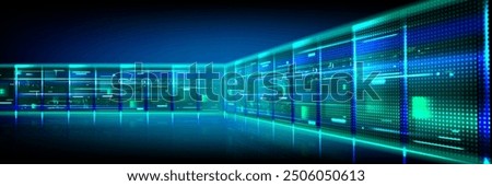 Data center room tunnel with neon blue and green light glow. Realistic 3d vector illustration of abstract computer server cluster for digital information and database warehouse. Cyberspace banner.