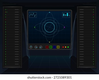 Una escena del centro de datos muestra servidores de almacenamiento dispuestos en ambos lados. Un monitor en el centro muestra varios gráficos y señales, destacando las características tecnológicas durante una exhibición.
