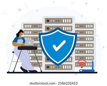 Data center secure concept. A woman using laptop with big database server on protection in her background. Shield, protect, safety, guard, password and cyber security. 