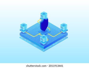 Data Center Security Concept. Isometric 3D Vector Illustration Of A Cloud Server Farm Which Is Secured By IT Security.