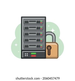 Ilustración de seguridad del centro de datos, servidor de equipo bloqueado vector de estilo mínimo, base de datos en la nube, elementos de conexión de red, centro de datos privado bloqueado.
