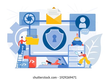 Data Center Security. Protect Visual Contents Concept, Safe Social Networking Service And Streaming Video. Safe Communication Network. Vector Illustration