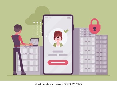 Data center server cloud, mobile application development for smartphone. Male sysadmin, young admin programming, computing network connection and security. Vector flat style cartoon illustration