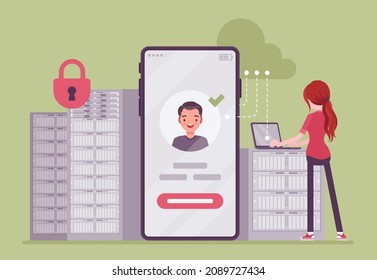 Data center server cloud, mobile application development for smartphone. Female sysadmin, young admin programming, computing network connection and security. Vector flat style cartoon illustration