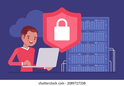 Data center server, cloud security, system administrator working with database. Male sysadmin, young admin busy to install, upgrade computer component, software. Vector flat style cartoon illustration