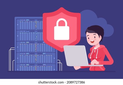 Data Center Server, Cloud Security, System Administrator Working With Database. Female Sysadmin, Admin Busy To Install, Upgrade Computer Component, Software. Vector Flat Style Cartoon Illustration