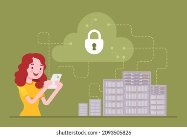 Data center server, cloud security, woman maintaining computer database system. Information storage, technical management, software, network infrastructure. Vector flat style cartoon illustration