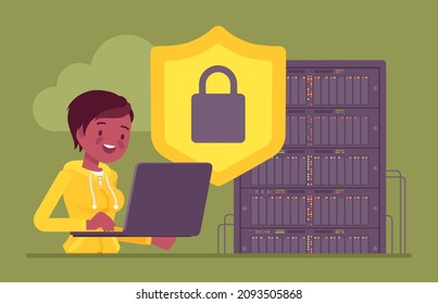 Data center server, cloud security, system administrator working with database. Female sysadmin, admin busy to install, upgrade computer component, software. Vector flat style cartoon illustration