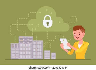 Data center server, cloud security, man maintaining computer database system. Information storage, server technical management, software, network infrastructure. Vector flat style cartoon illustration