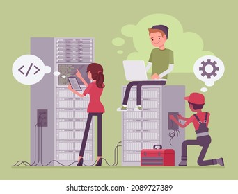 Data center server cloud support crew, system administrators at work. Technical team installing, configuring hardware, software, professional computer operator. Vector flat style cartoon illustration