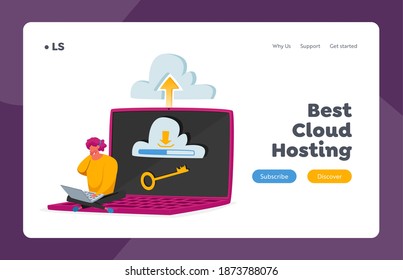 Data Center, Server Digital Technologies Landing Page Template. Web and Cloud Hosting. Tiny Female Character Sitting on Huge Laptop with Key on Screen. Virtual Storage. Cartoon Vector Illustration