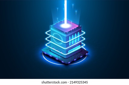 Data center server hardware and futuristic look up. The concept of big data technology, cloud information base, artificial intelligence. Template of page on information technologies theme. Vector