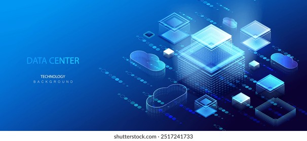 Data center server industry. Database innovation at ai server. Digital futuristic smart city network on circuit board concept. Isometric web design vector illustration.