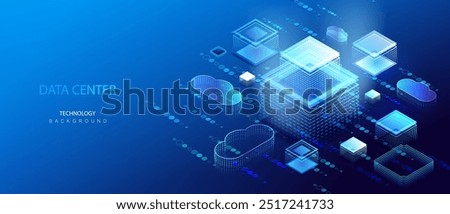 Data center server industry. Database innovation at ai server. Digital futuristic smart city network on circuit board concept. Isometric web design vector illustration.