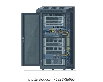 Data Center Server Rack Cabinet with Networking Equipment and Cables Illustration