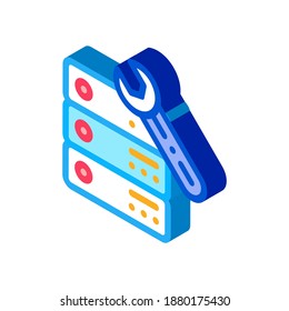 Reparatursymbol des Rechenzentrums für Server. Isomometrisches Reparaturzeichen für den Server des Rechenzentrums. farbige einzelne Symbolillustration
