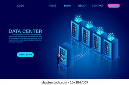 Data center server room and big data processing Protecting data security concept. digital information. isometric. dark neon cartoon vector