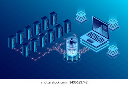 Data center server room cloud storage technology and big data processing Protecting data security concept. digital information. isometric. dark neon vector