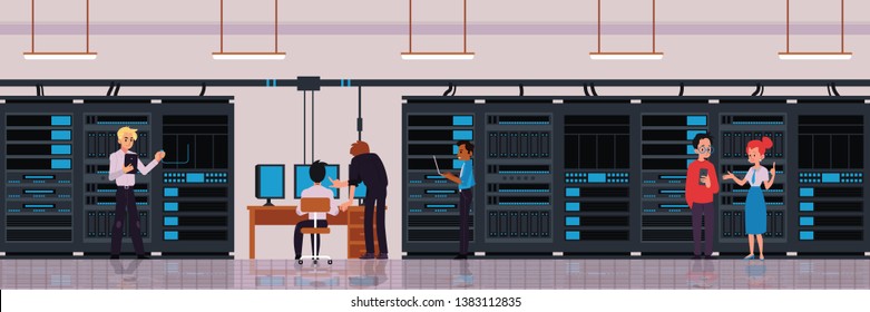 Data center or server room concept with characters of technology engineers or IT workers banner with cloud storage and data exchange server flat vector illustration. - Powered by Shutterstock - Get 15% off with code: PIKWIZARD15