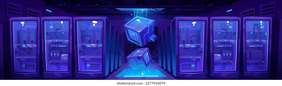 Data center, server room or database cloud storage blue vector background. Technology network in datacenter. Rack with computer equipment in tech warehouse. Cyber security and bigdata service.