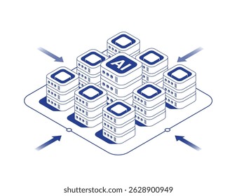 Data center server room isometric illustration with main server rack surrounded by smaller servers connected by data cables and arrows showing information flows in line contour vector style.
