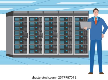 Data center server room and man illustration