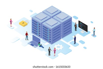 Data Center Or Server Room Processing Data Operation With Security Protection And Maintenance With Isometric Design Style