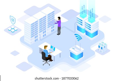 Data center or server room processing, data operation with security protection and maintenance with isometric design style - vector