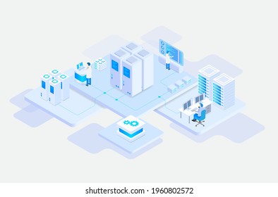 Data Center Or Server Room Processing Data Operation With Security Protection And Maintenance With Isometric Design Style - Vector	