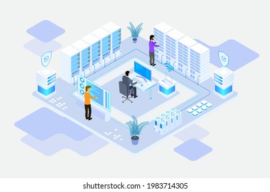 Data Center Or Server Room Processing Data Operation With Security Protection And Maintenance With Isometric Design Style - Vector