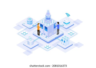 Data Center Or Server Room Processing Data Operation With Security Protection And Maintenance With Isometric Design Style - Vector