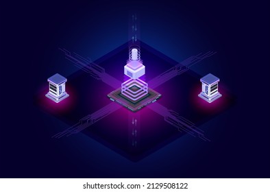 Data center or server room processing data operation with security protection and maintenance with isometric design style	