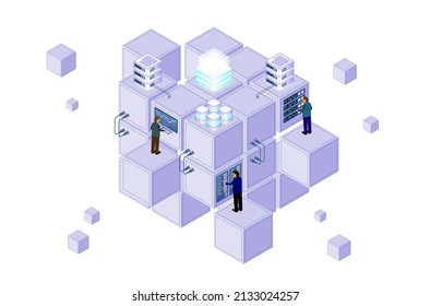 Data center or server room processing data operation with security protection and maintenance with isometric design style - vector