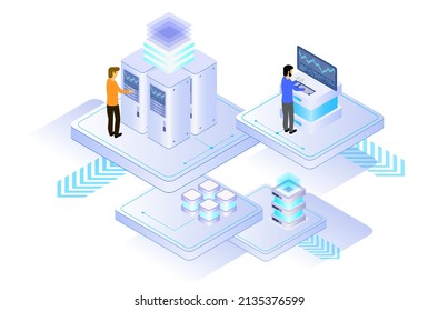 Data center or server room processing data operation with security protection and maintenance with isometric design style - vector