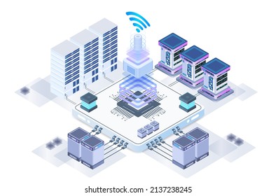 Data center or server room processing data operation with security protection and maintenance with isometric design style - vector