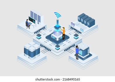 Data center or server room processing data operation with security protection and maintenance with isometric design style - vector	