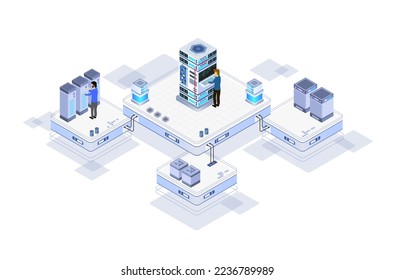 Data center or server room processing data operation with security protection and maintenance with isometric design style - vector	
