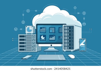 Data center or server room processing data operation with security protection and maintenance with isometric design style - vector	