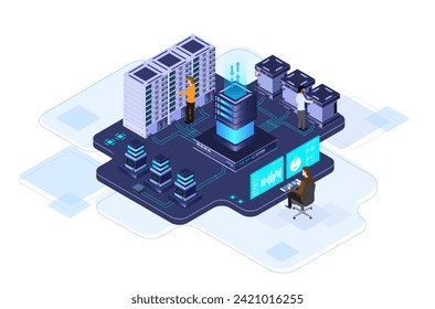 Datencenter oder Serverraum - Datenverarbeitung mit Sicherheitsschutz und Wartung mit isometrischem Design-Stil - Vektorgrafik	
