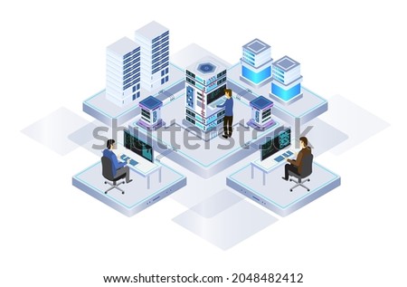 Data center or server room processing data operation with security protection and maintenance with isometric design style - vector	