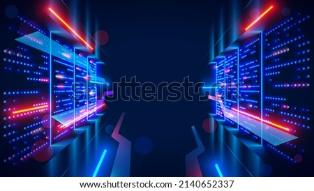 Data center or server room with servers of information cloud storage. Dark datacenter with light of data signals. Technology of computer warehouse of data. Hosting service conceptual tech background.