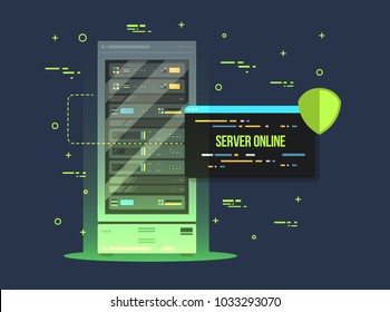 Data center and server room. Data storage and exchange service flat illustration. Cloud service equipment with hud elements.