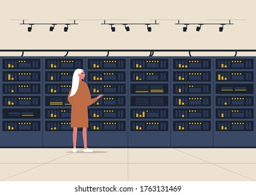 Data center, server room, young female character standing next to a hard drive rack, new technologies