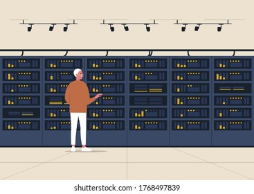 Centro de datos, sala de servidores, personaje masculino joven de pie junto a un rack de discos duros, nuevas tecnologías