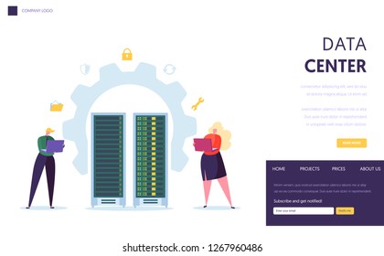 Data Center Server Staff Landing Page. Business Character Support Datacenter with Laptop Computer Database Hosting in Digital Cloud Infrastructure Website or Web Page. Flat Vector Illustration