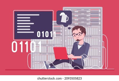 Data center server support service, system administrator busy at work. Male sysadmin, young admin performing test, network infrastructure, programming code. Vector flat style cartoon illustration