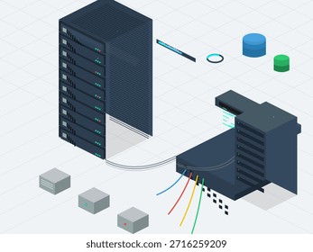 Centro de datos con servidores y conexiones de red en un entorno digital con varios componentes